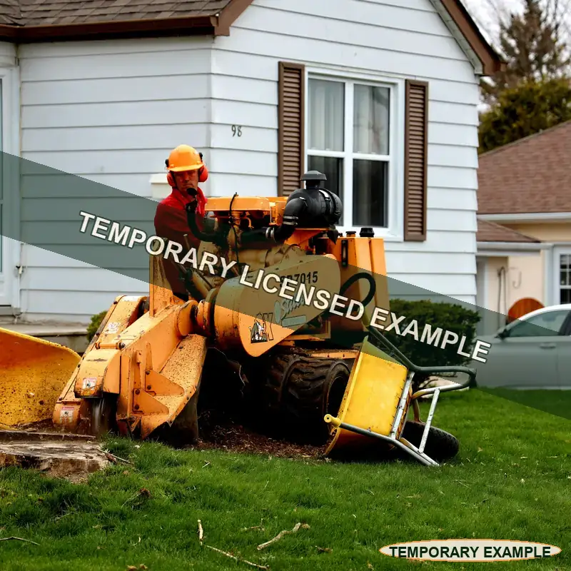 Temporary licensed example of a stump grinder working beside a residential home
