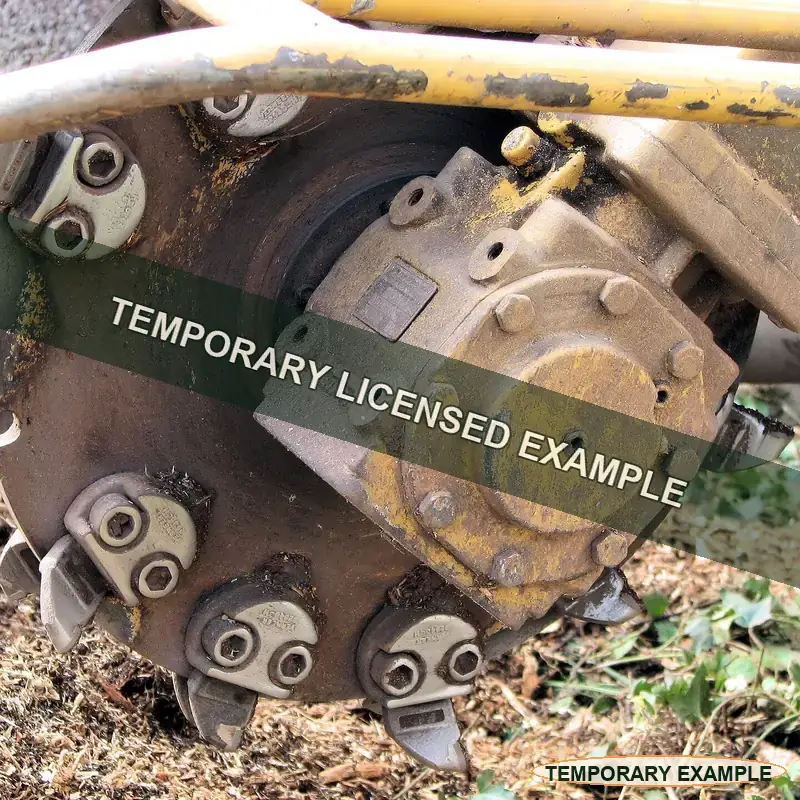Temporary licensed example of a stump grinder cutting wheel close-up